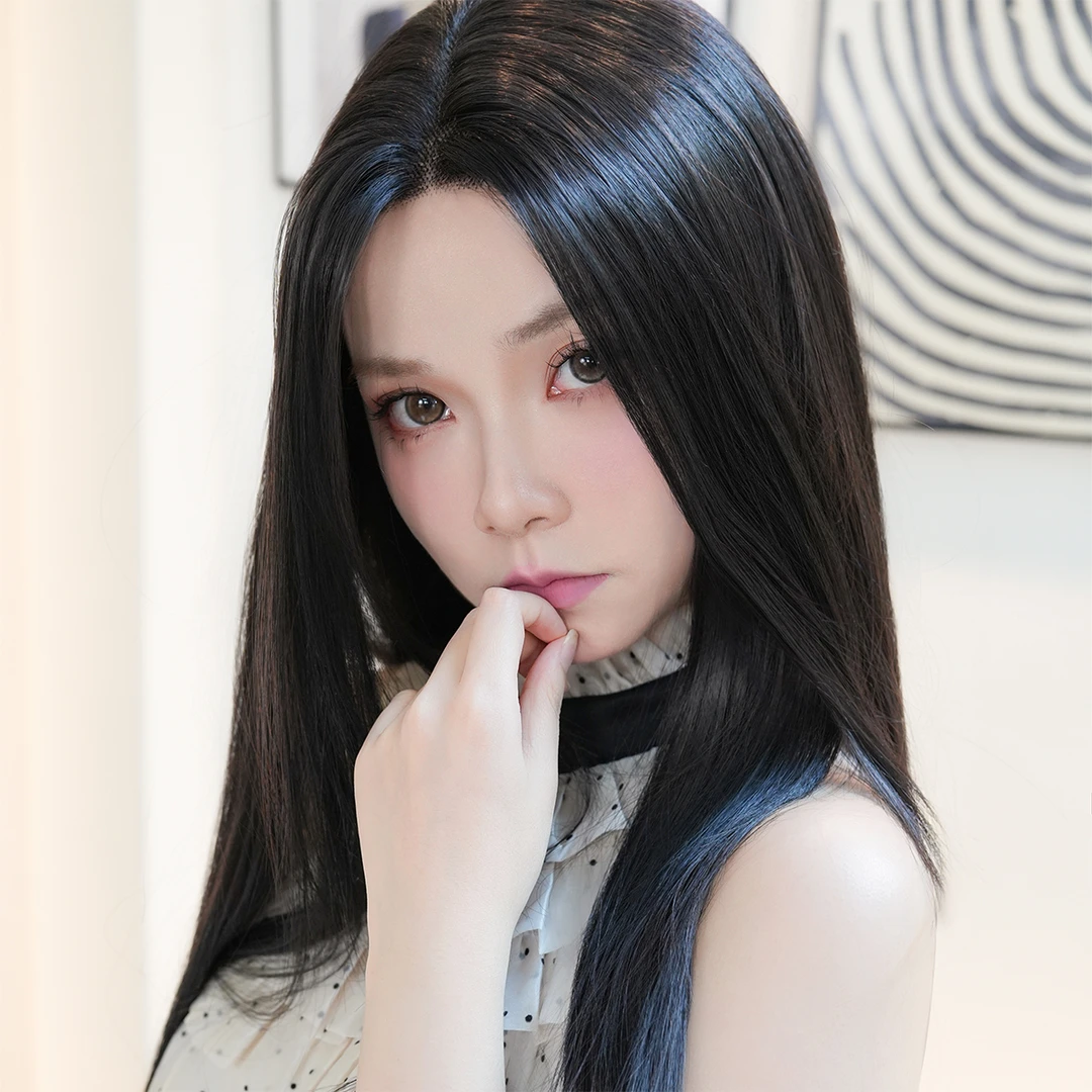 绵绵专属《白月光》中分黑色进口丝长直发气质御姐前蕾丝假发女