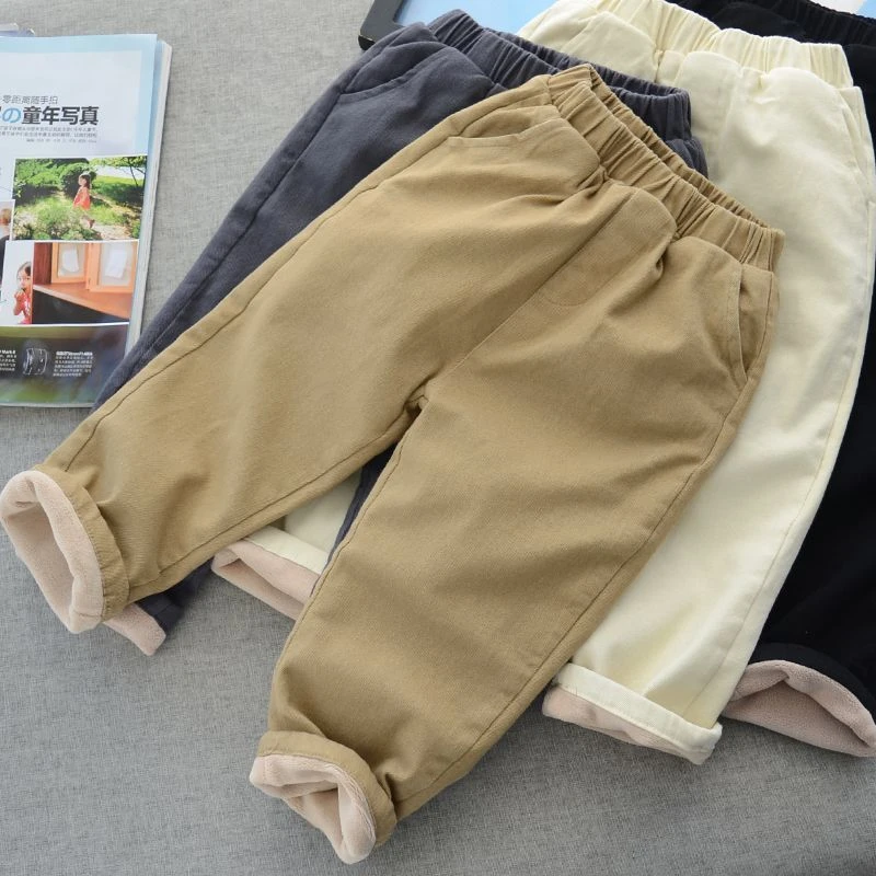 儿童奥利绒加厚长裤 秋冬新款加绒中厚纯色裤子 通用休闲裤春秋