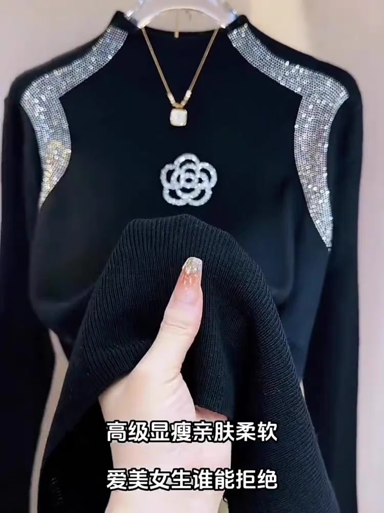 山茶花烫钻半高领针织打底衫女秋冬新款毛衣女百搭显瘦上衣756