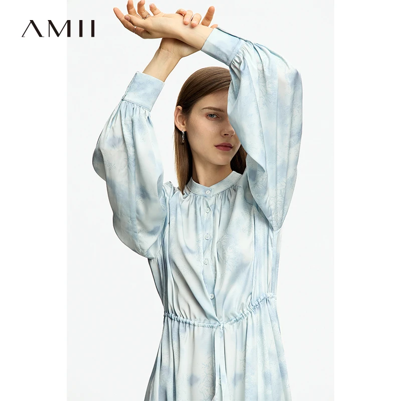 Amii小立领灯笼袖绑带水墨印花宽松连衣裙女12353041