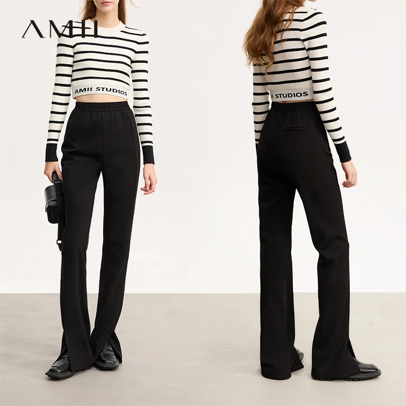 Amii橡筋腰头开叉加绒修身显瘦休闲长裤女12344311