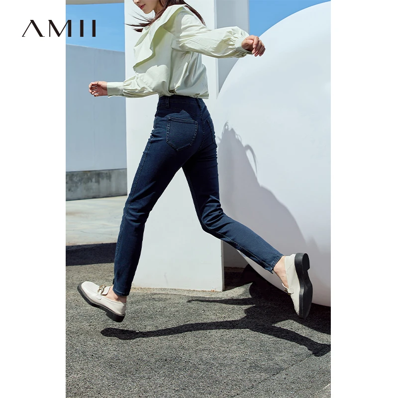 Amii百搭通勤修身九分棉质脚口开衩牛仔长裤女12343021