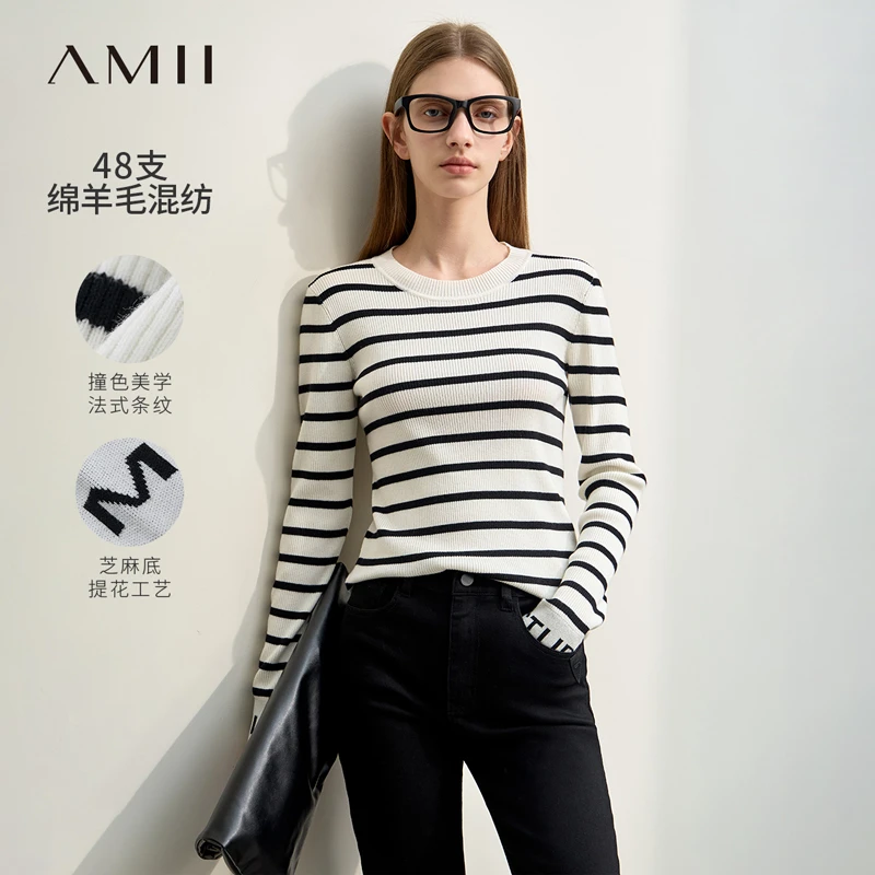 Amii修身撞色条纹袖口字母提花套头针织毛衣女12344110