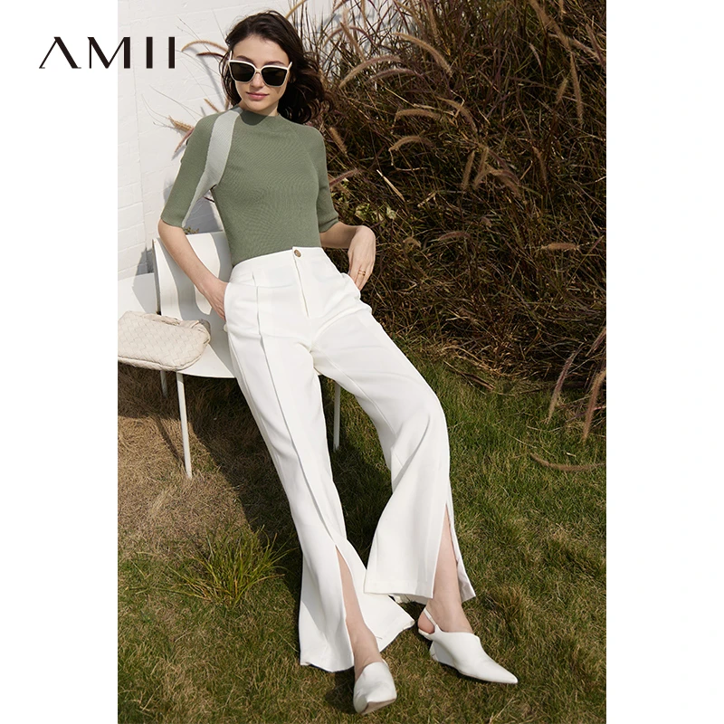 Amii半高领撞色拼接针织衫中袖显瘦打底圆领套头时尚修身12341058