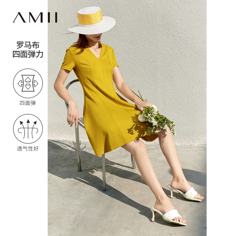 Amii春夏极简法式连衣裙V领大裙摆短袖中长裙气质收腰a字12160003