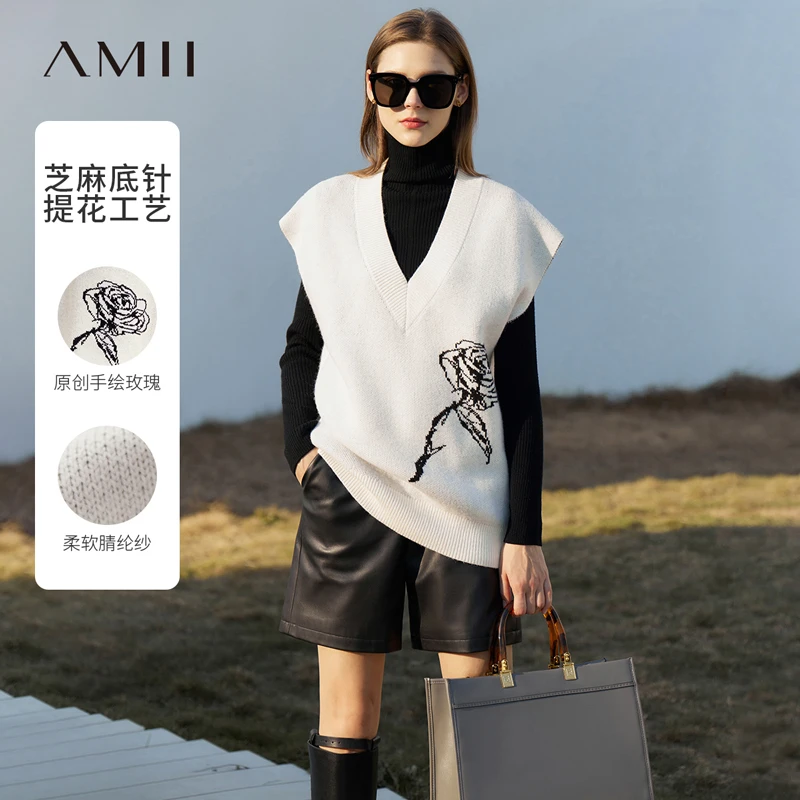 【有趣极简】AMII品牌宽松秋季时尚玫瑰提花半袖毛衣女士12270295