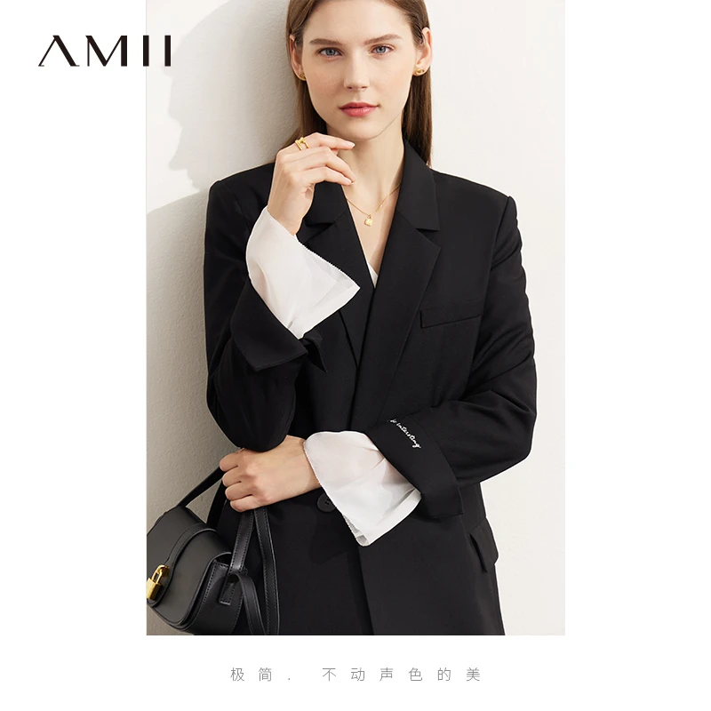 Amii袖口绣花中长西装通勤商务秋季气质黑色时尚职业休闲12341224