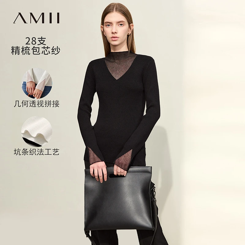 Amii半高领微透视修身长袖针织衫时尚百搭打底休闲毛衣12244002
