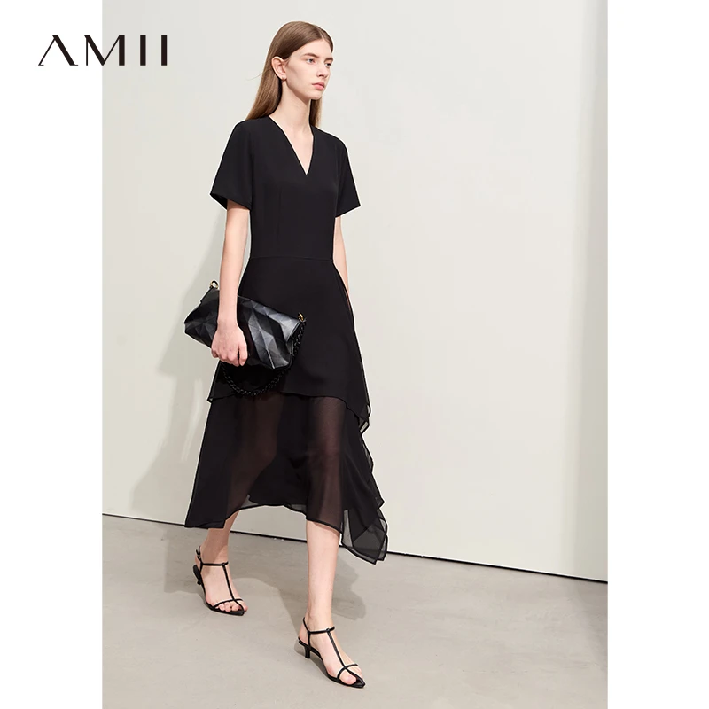 [Amii]通勤V领微透视拼接不对称雪纺连衣裙女12442208