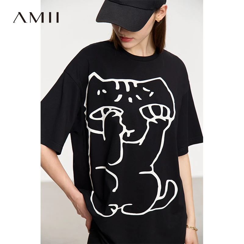[Amii]插画撞色艺术印花宽松中长落肩短袖棉质T恤女12322121