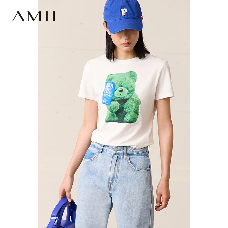 Amii圆领小熊印花修身显瘦短袖T恤女12322101
