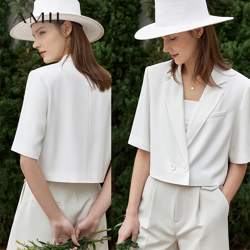 [Amii]品牌短款西装外套女直筒中袖几何翻领12322062