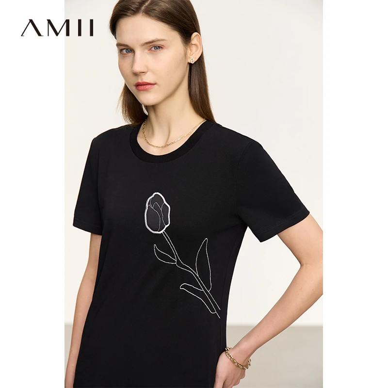 Amii圆领花朵贴布绣花宽松休闲短袖T恤女12342494