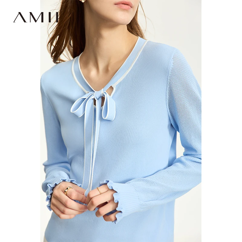 Amii通勤风绑带设计直筒长袖曲珠纱套头针织毛衣女12343014