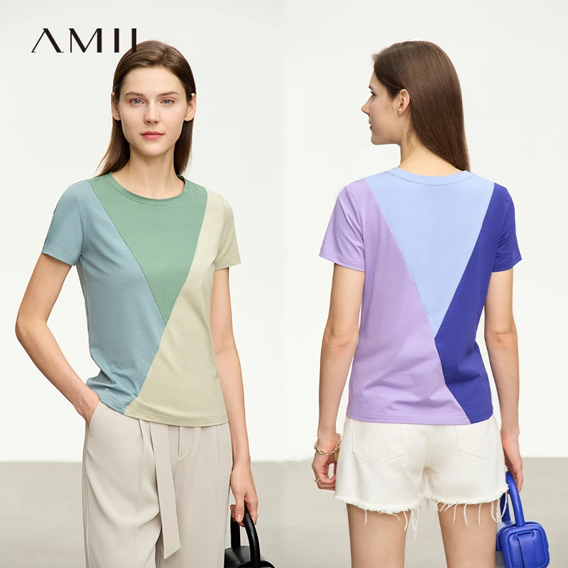 Amii几何拼接撞色弹力T恤显瘦直筒上衣夏季圆领简约12332021