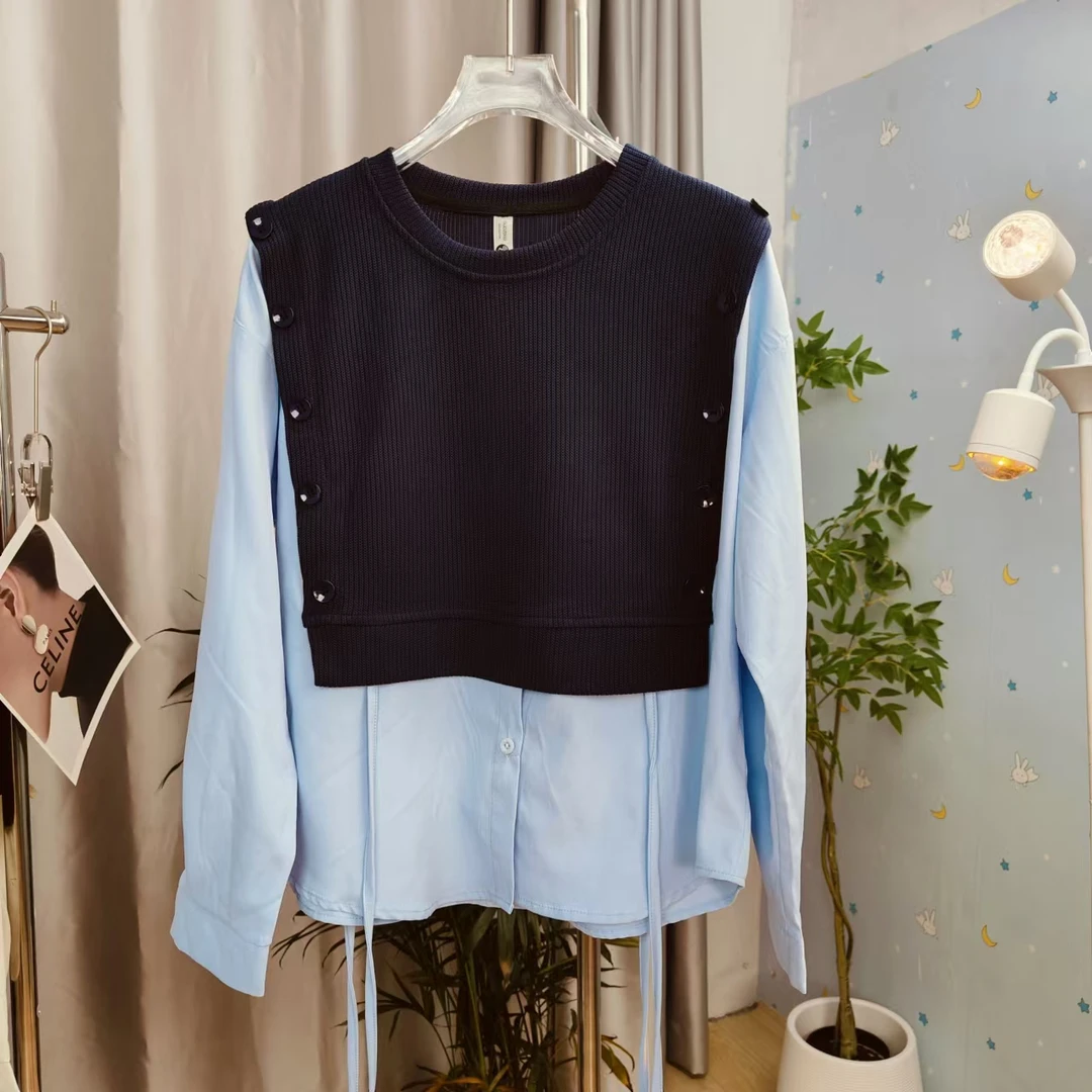 假两件蝴蝶结马甲衬衫女款胖mm显瘦遮肚子时尚百搭圆领拼接针织