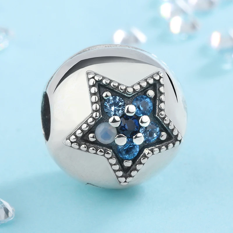 925银银制品 潘家风格手链串珠925银diy珠子五角星固定扣镶嵌蓝色