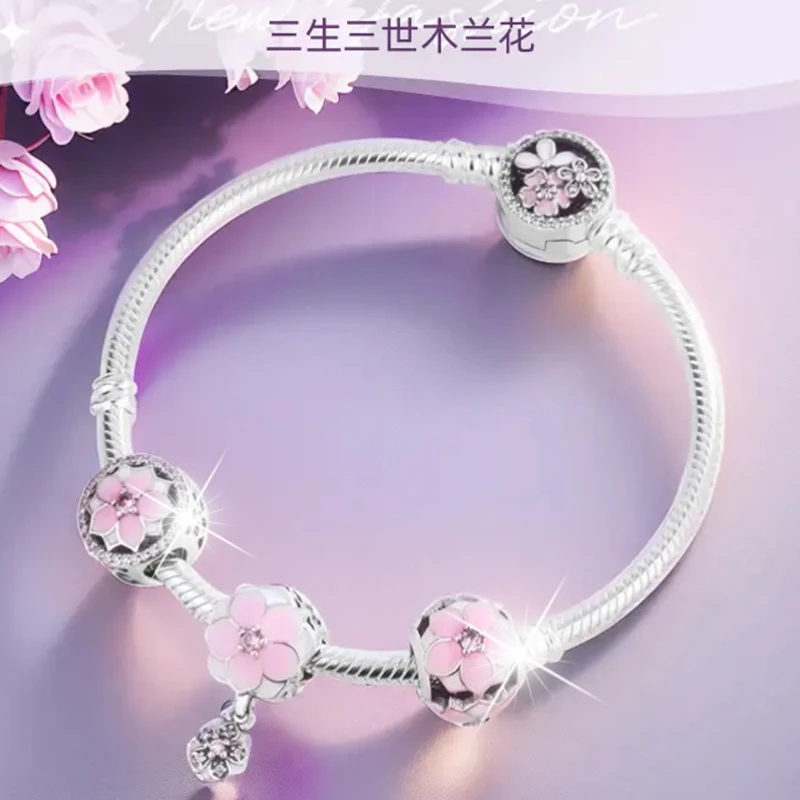 925银手链手链首饰串珠女款潘家三生三世木兰花叠戴手链气质紫色