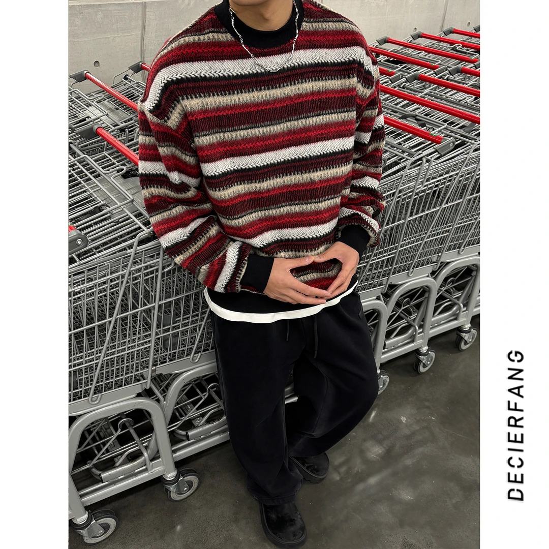 复古撞色条纹加绒卫衣情侣冬季休闲宽松潮高街慵懒风保暖圆领上衣