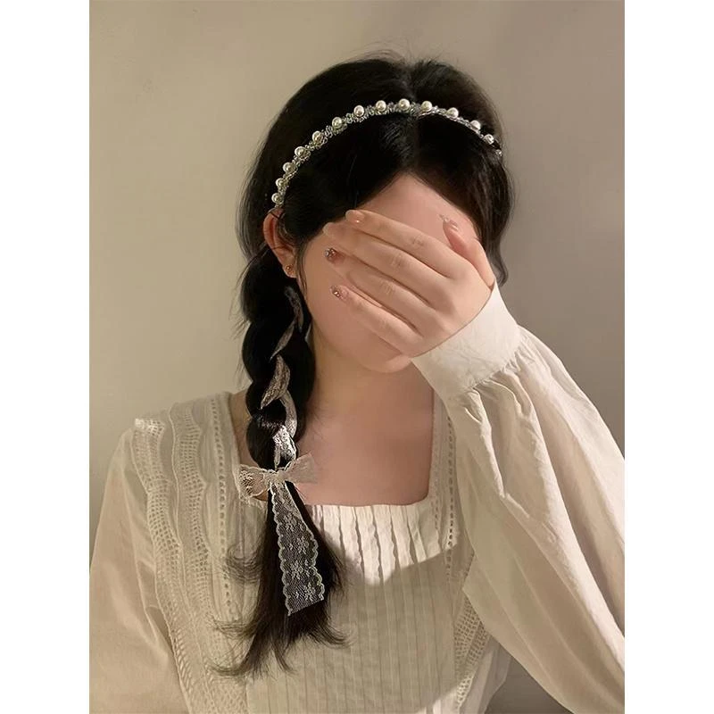 超仙白色蕾丝外出发箍发带女绑发森系甜美飘带法式丝带发箍头饰