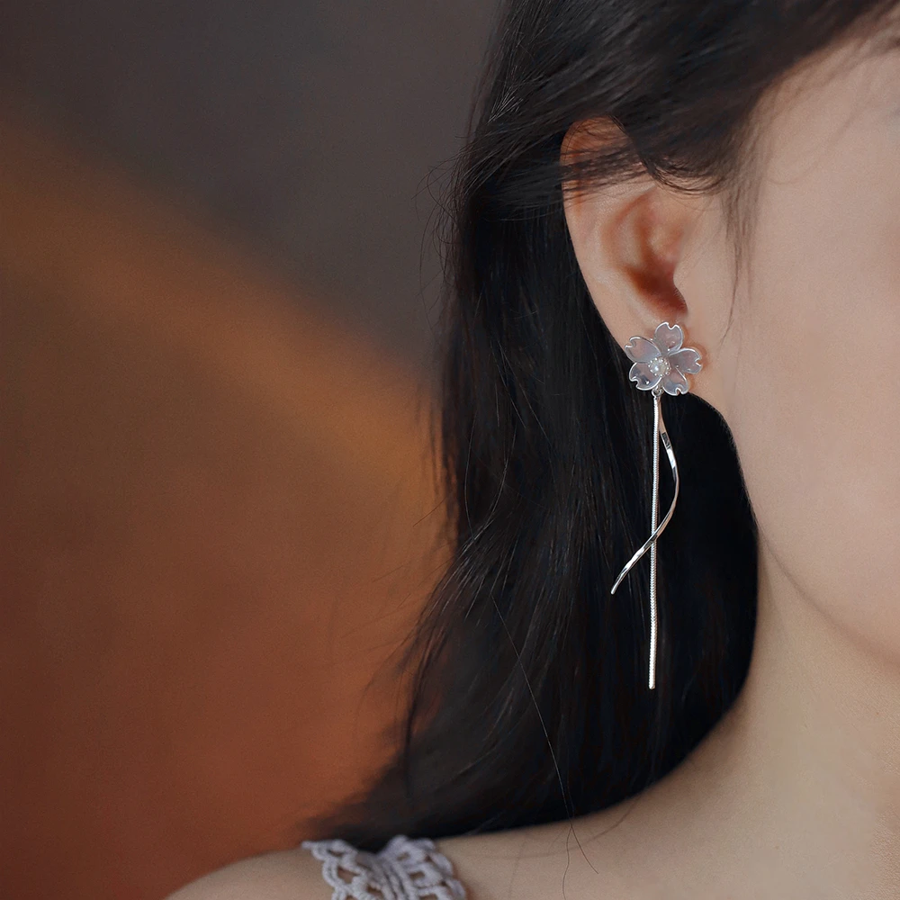 合金仿珍珠耳饰 超仙小清新蓝色花朵流苏耳环女气质甜美长款耳钉