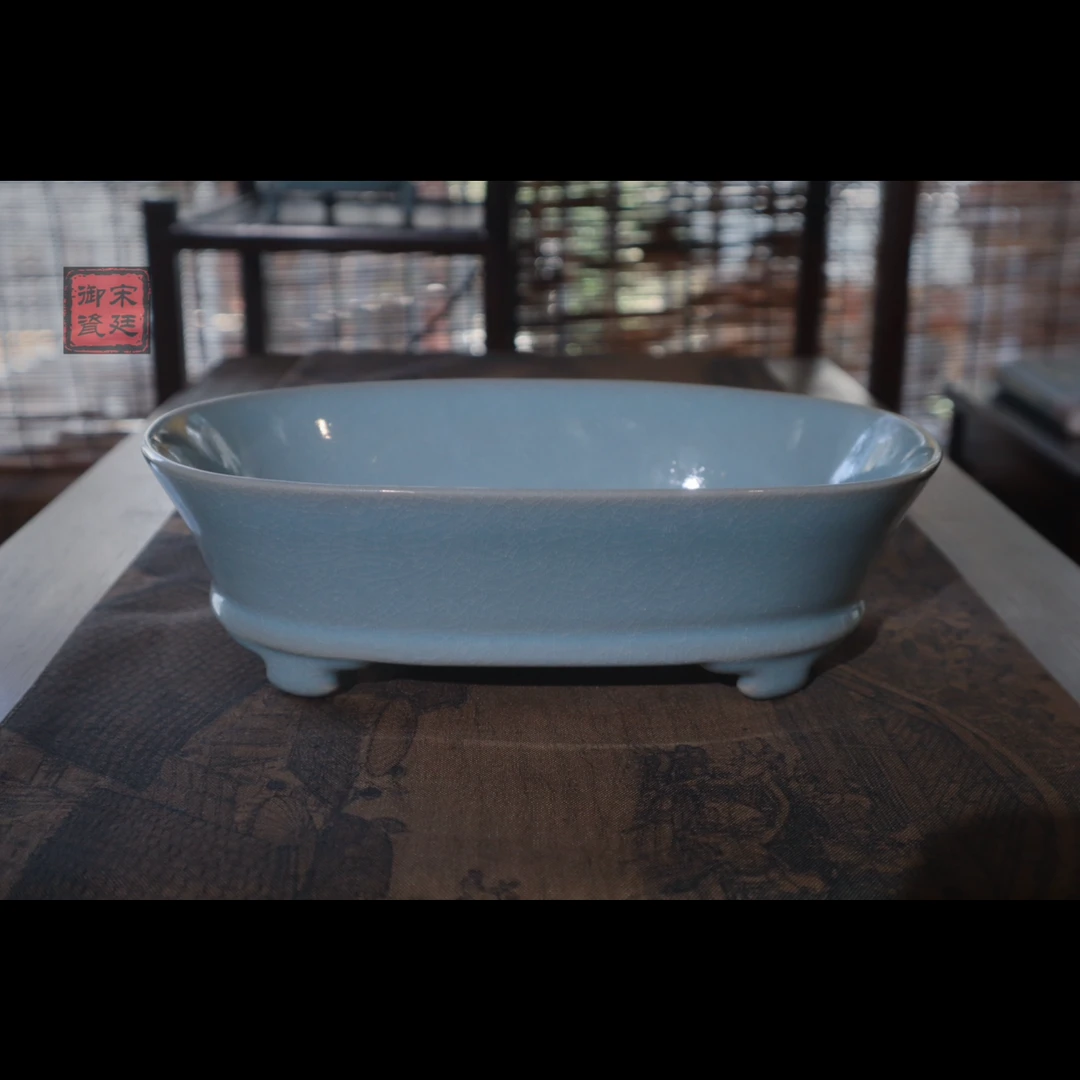 【宋廷御瓷·汝官窑】原矿天蓝釉水仙盆摆件高7cm/长22cm 原产地汝瓷