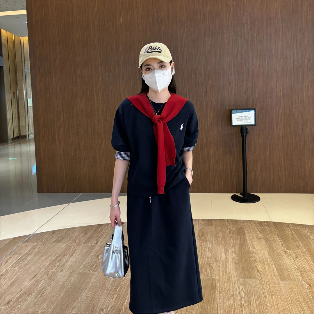 韩系休闲运动套装学院风小马标百搭宽松卫衣长款两件套2012