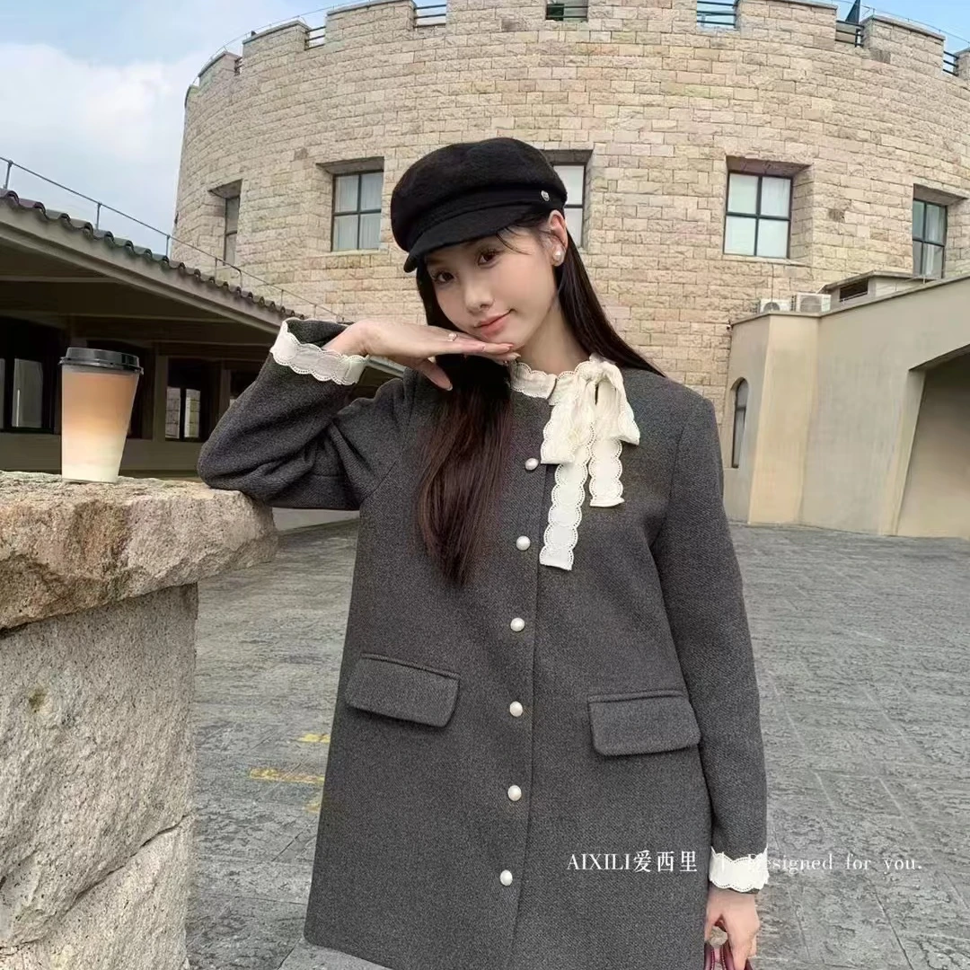 拼接拼色女厚显瘦中长款毛呢外套毛呢外套呢子气质百搭秋冬