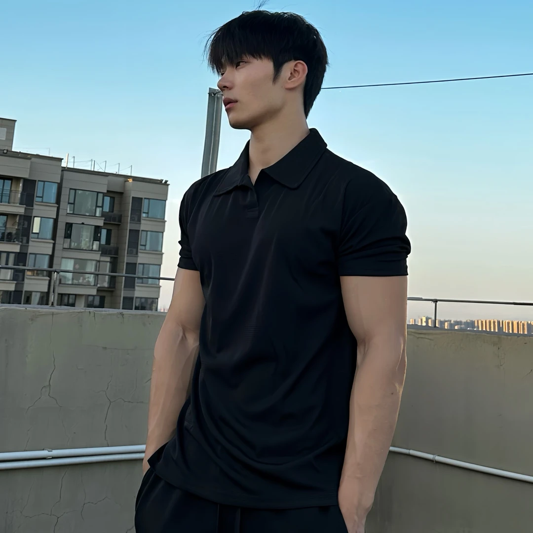 夏季健身T恤亨利衫男翻领POLO收袖口显身材短袖运动透气休闲训练