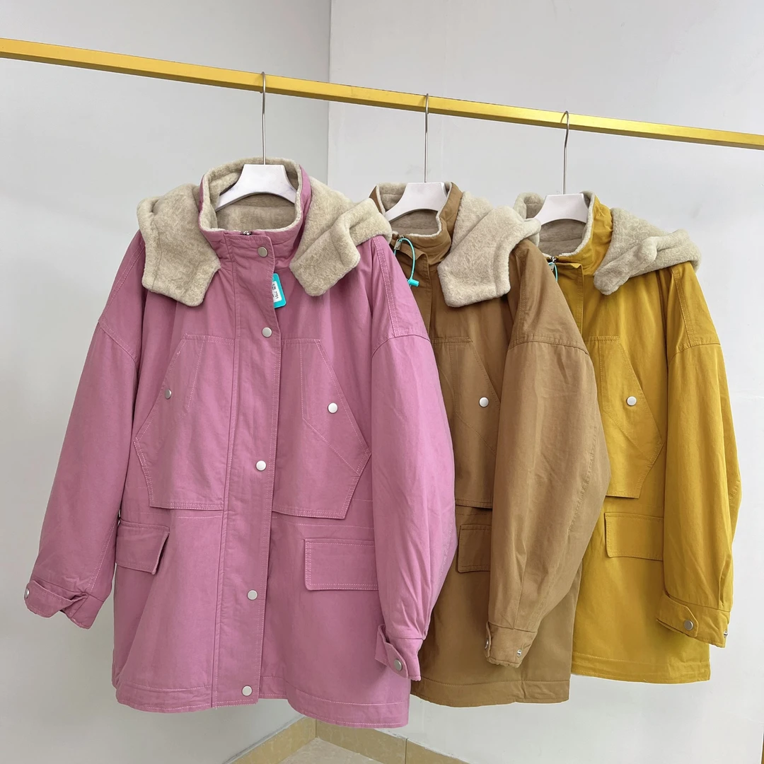 141女士棉服时尚休闲百搭连帽宽松中长款加绒韩版