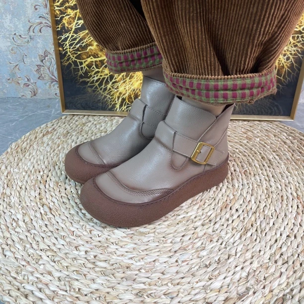 佰芬头层牛皮加绒短靴2159防滑保暖皮靴冬季加厚厚底真皮百搭时尚