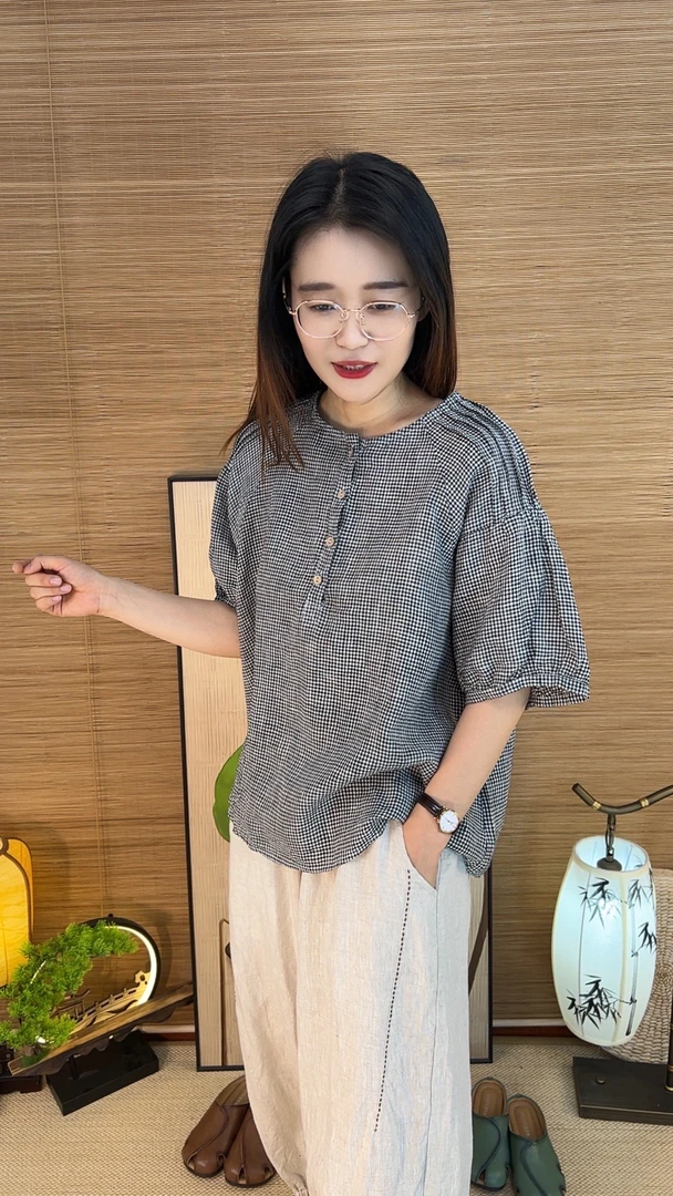 佰芬格子宽松夏季休闲时尚夏装薄款复古简约亚麻上衣