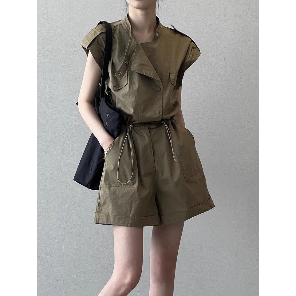 高腰连体裤女2024夏季新款设计感小众薄款短袖衬衣抽绳连衣裤子