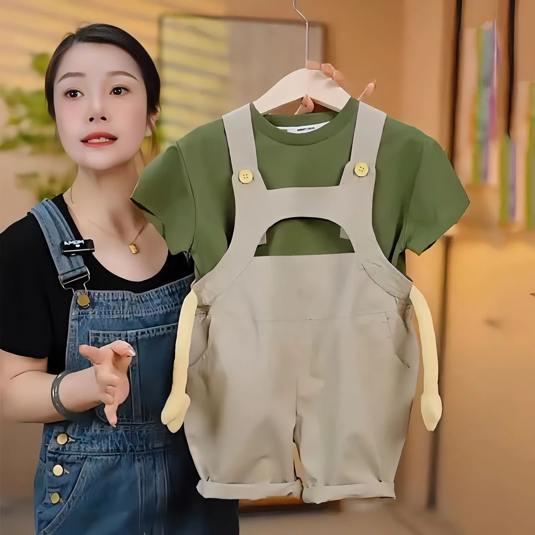 儿童小手背带裤套装夏季口袋款立体小童背带裤时尚外穿宽松薄款