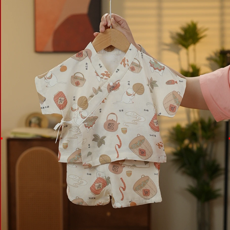 婴儿男童女童分体套装夏季薄款宝宝纱布短袖套装夏款