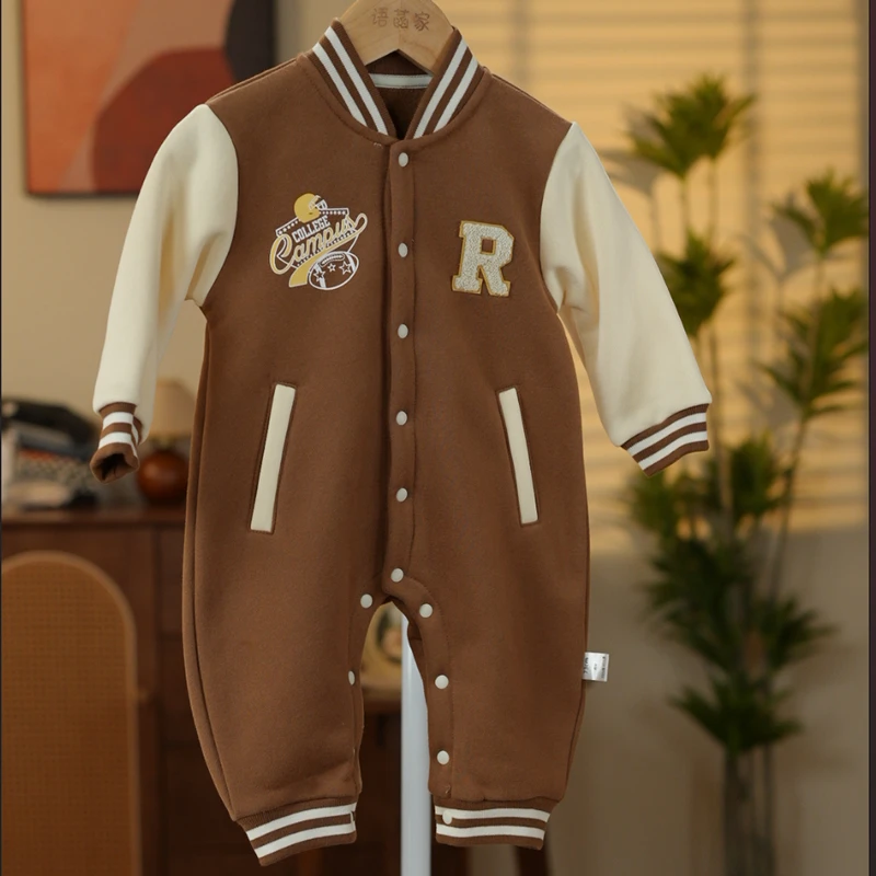 2024春季婴儿棒球服连体衣春秋抓绒宝宝衣服