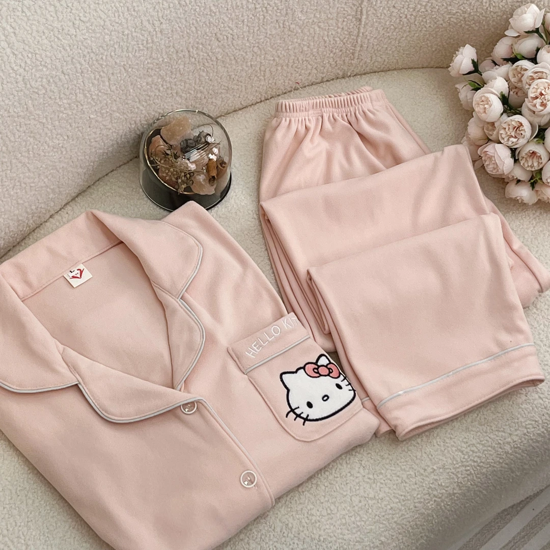 【粉KT】秋冬新款德绒睡衣女甜美减龄韩版开衫简约保暖家居服套装6