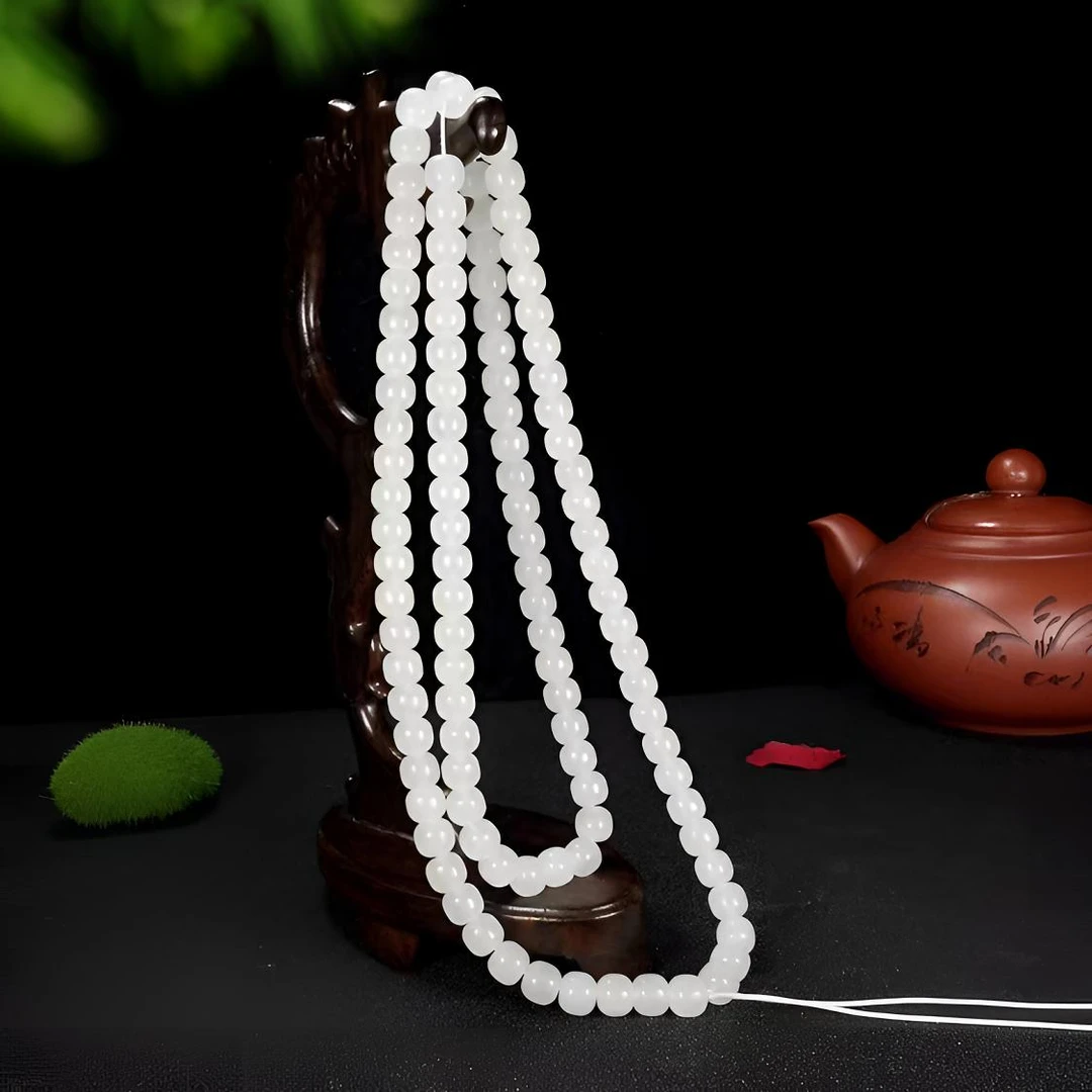 新疆天然和田玉白玉老型珠羊脂白108颗玉石项链多圈手链品质珠宝