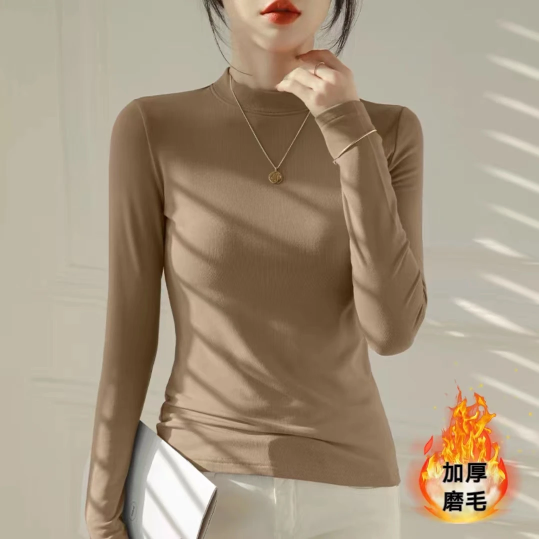 莫代尔小立领薄绒磨毛大码秋冬打底衫女内搭长袖T恤显瘦修身上衣