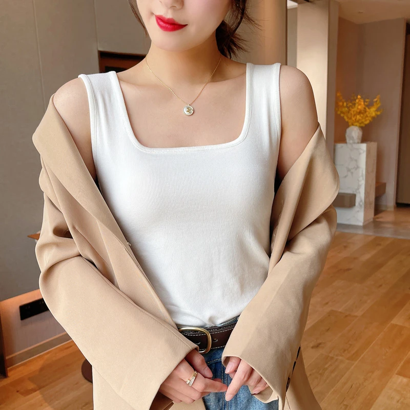 莫代尔方领吊带背心女春夏季大码胖mm无袖上衣小西装百搭高级打底