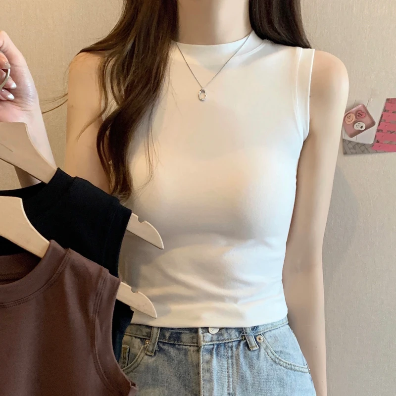 莫代尔棉纯色净版t恤女无袖夏季新款韩版修身坎肩背心女上衣ins