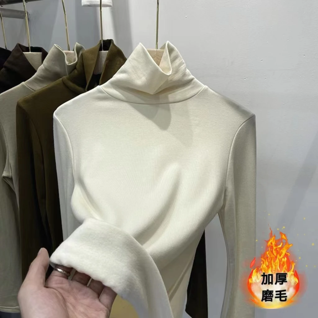 莫代尔棉秋冬薄绒磨毛大码高领长袖打底衫女内搭t恤修身保暖上衣