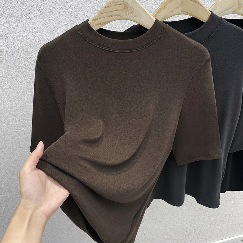 莫代尔棉春秋小立领半袖T恤女大码修身内搭打底衫百搭时尚上衣ins