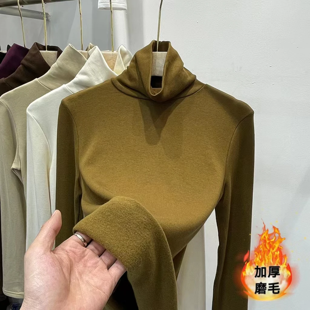 莫代尔棉秋冬薄绒磨毛大码高领长袖打底衫女保暖内搭t恤修身上衣