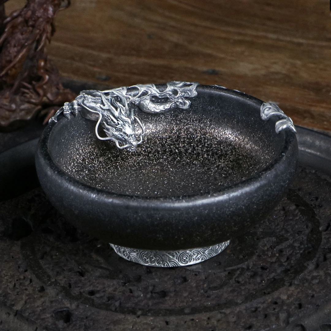 黑陶龙饮主人杯原创设计复古粗陶原矿茶盏手工压手杯