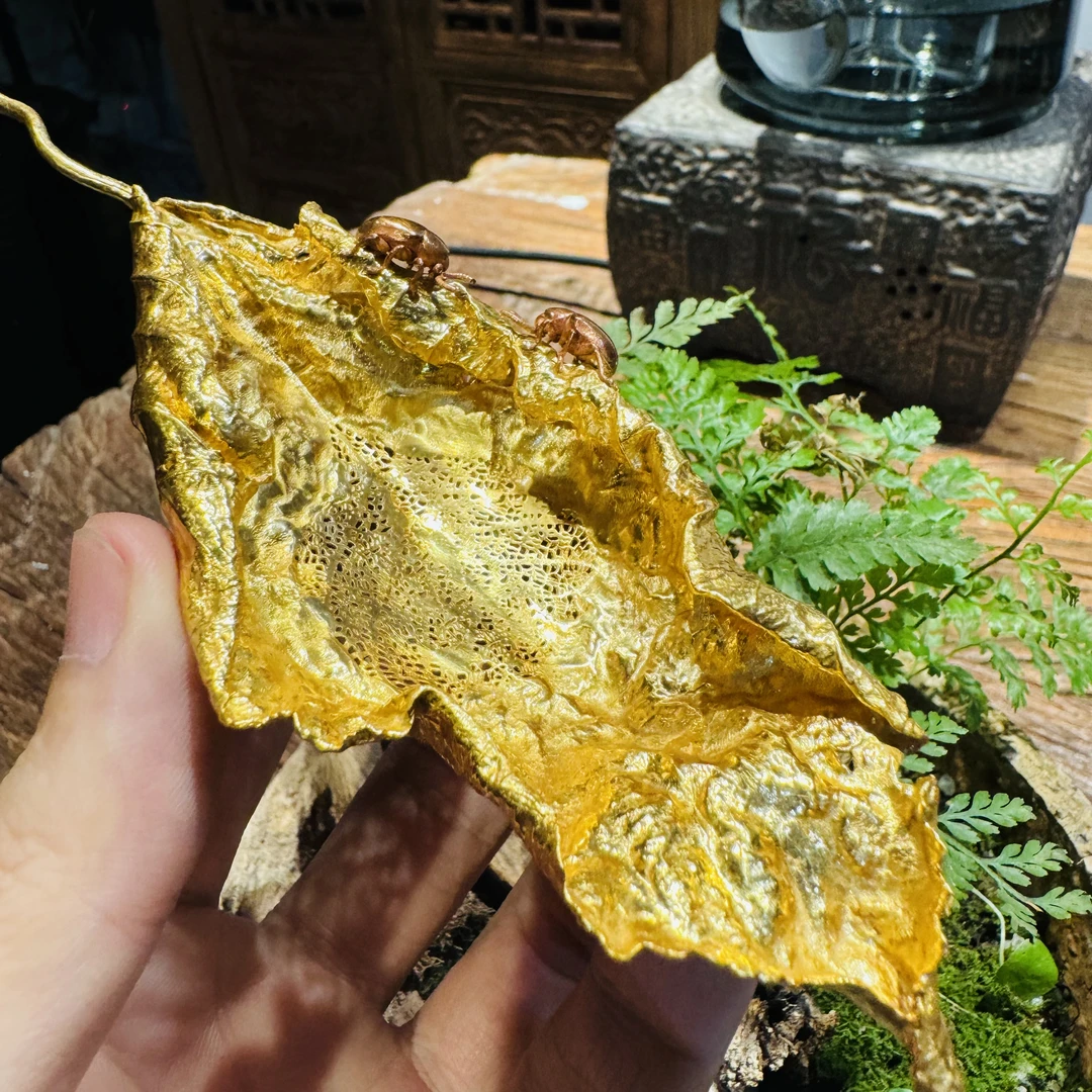 足银银制品 欲山行镀金银叶子茶漏镶嵌甲壳虫