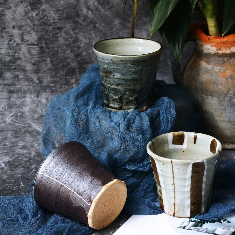 日本美浓烧复古做旧感陶土杯粗陶质感釉下彩咖啡杯茶杯牛奶