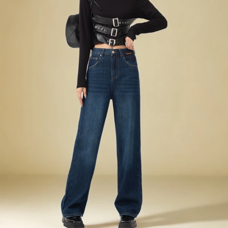 019新款港版秋 蓝色显瘦高腰时尚复古百搭宽松修身直筒阔腿牛仔裤