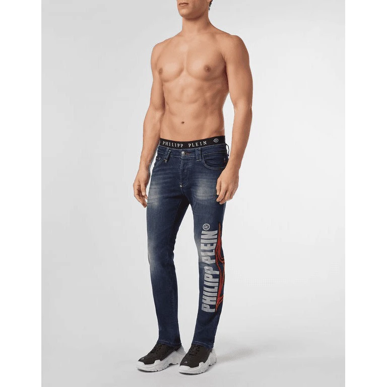 未使用 Philipp Plein pp/火焰字母 男士牛仔裤/P9180