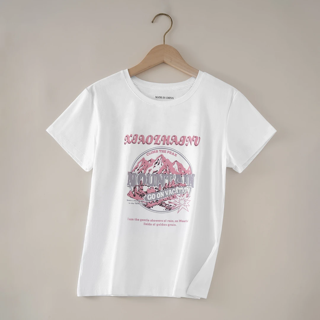 粉色山脉-特价半袖正肩印花显瘦时短袖T恤女休闲圆领夏季JUA1